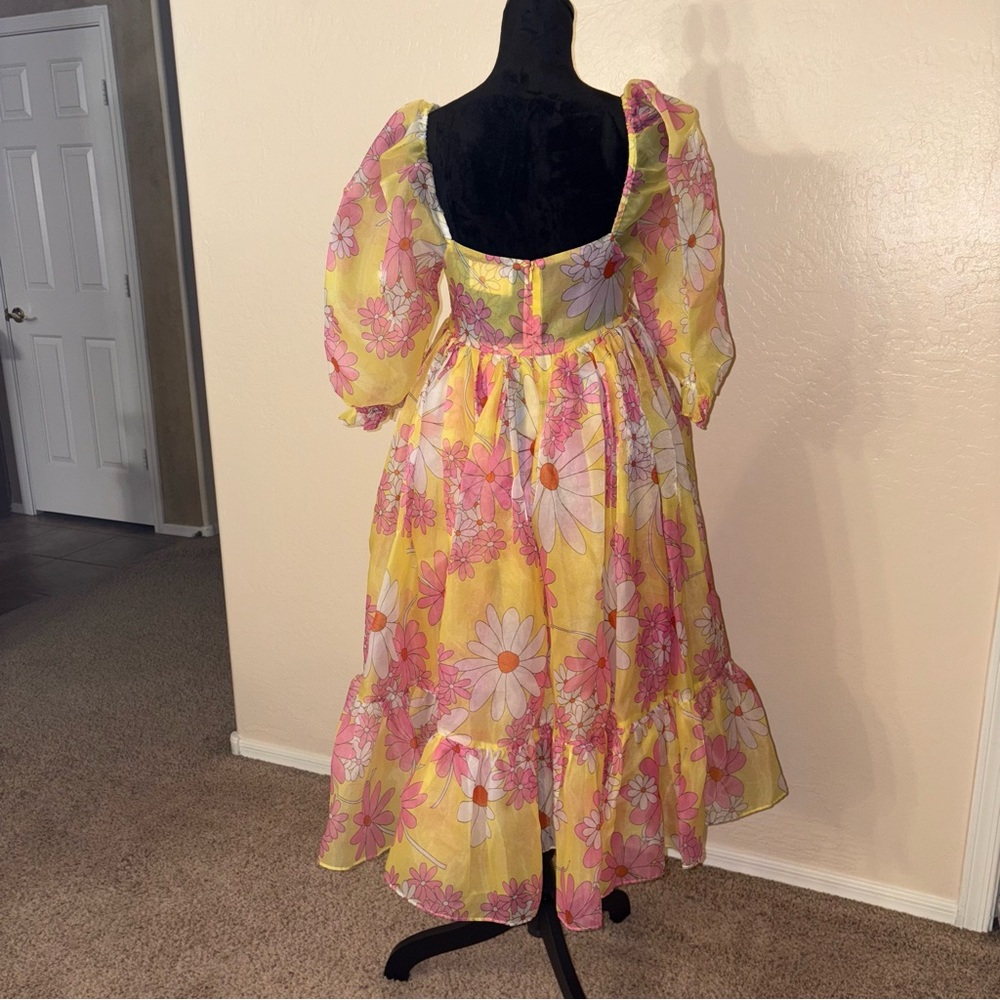 New Selkie x Anthropologie Floral Flowers French Puff Dress Sz M Yellow - Picture 4 of 6